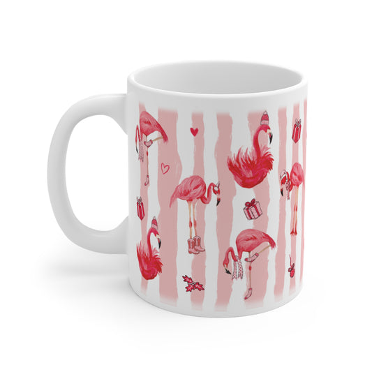 Flamingo Pattern Mug — Pink Stripe Tropical Coffee Cup (11oz)
