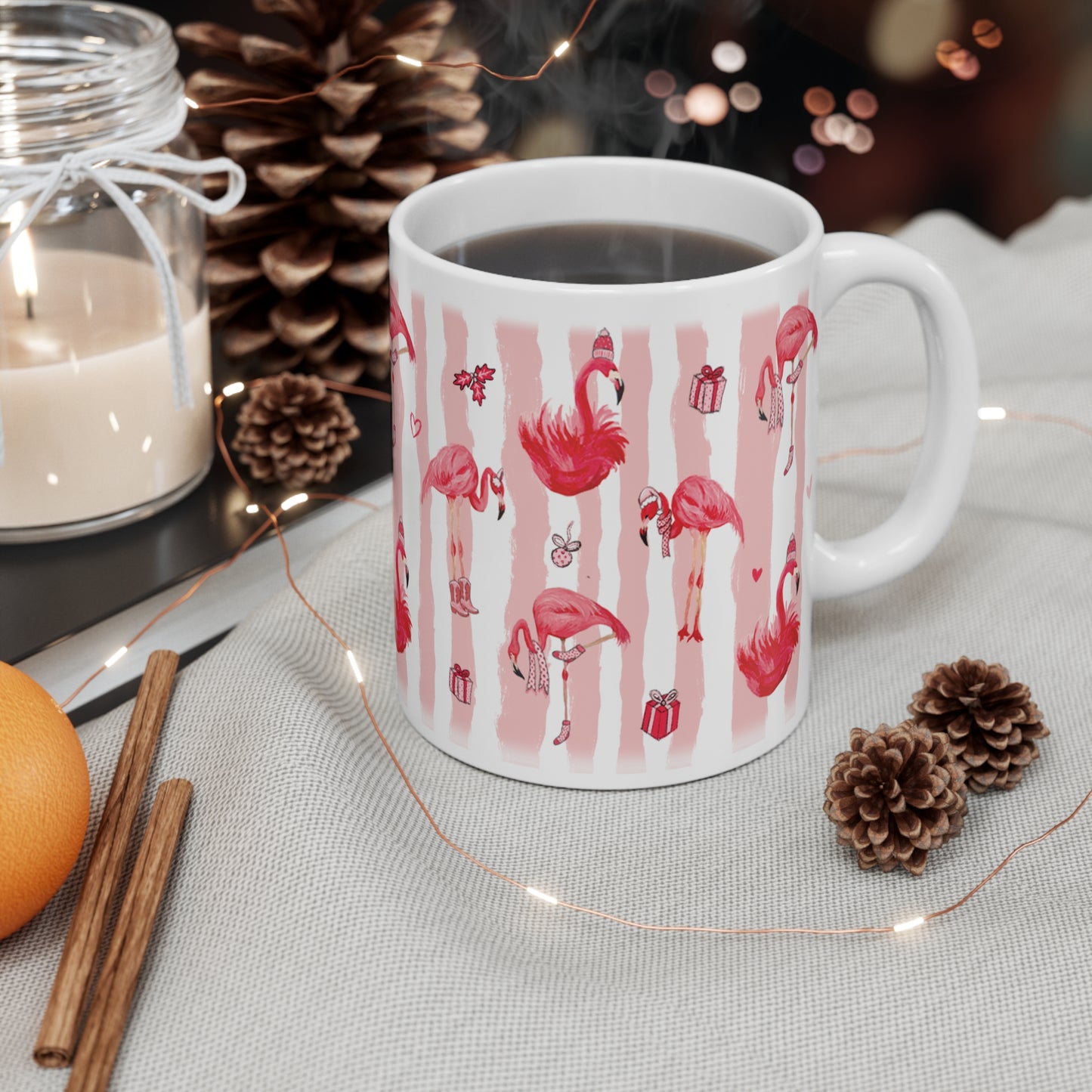Flamingo Pattern Mug — Pink Stripe Tropical Coffee Cup (11oz)